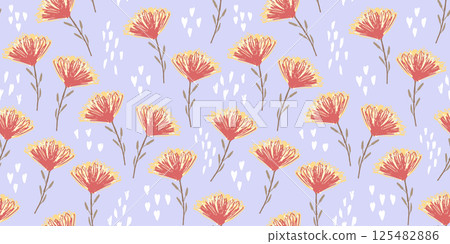 Cute sketch floral seamless pattern with childish orange and red flowers, white hearts leaves texture. Colorful botanical daisy floral print for textile, wrapping paper, surface, wallpaper Cute sketch floral seamless pattern with childish orange and red flowers, white hearts leaves texture. Colorful botanical daisy floral print for textile, wrapping paper, surface, wallpaper 125482886