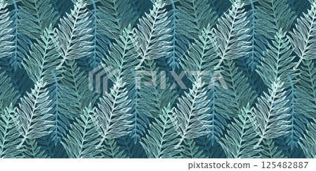 Sketch botanical overlay blue and green tropical fern leaves seamless pattern. Trendy vector linear multilayered exotic leaf print for textile, wrapping paper, surface, cover, web design, background Sketch botanical overlay blue and green tropical fern leaves seamless pattern. Trendy vector linear multilayered exotic leaf print for textile, wrapping paper, surface, cover, web design, background 125482887