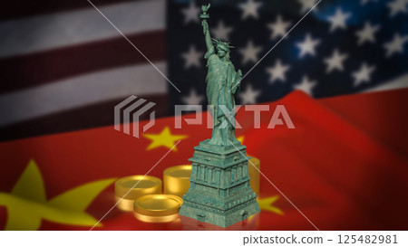 The Statue of Liberty on China and America flag Background 3d Rendering. 125482981
