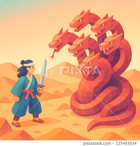 A boy and a reindeer chasing a demon in the sunset 125483034