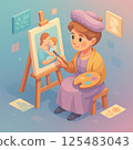 Illustration of a mother relaxing in a room while holding a baby 125483043