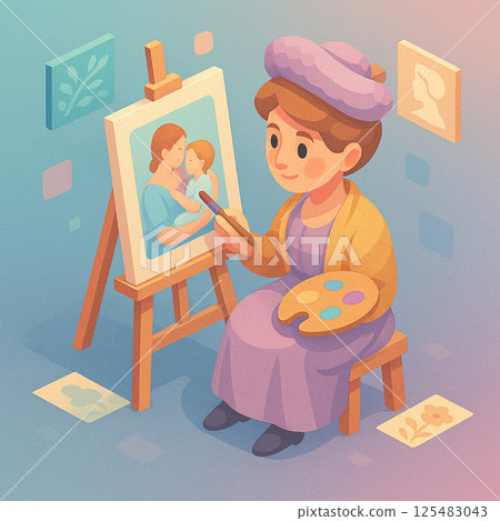 Illustration of a mother relaxing in a room while holding a baby Illustration of a mother relaxing in a room while holding a baby 125483043