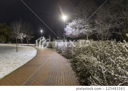 Night pedestrian path with lanterns and snow-covered trees 125483161