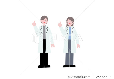 Illustration of researchers and scientists wearing white coats (male and female) 125483508