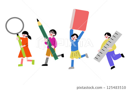 Illustration of elementary school students holding stationery and tablets 125483510