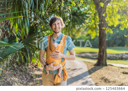 Father holding his little baby in a yellow sling in the park. Warm and loving family moment. Babywearing, fatherhood, and parent-child bonding concept Father holding his little baby in a yellow sling in the park. Warm and loving family moment. Babywearing, fatherhood, and parent-child bonding concept 125483664