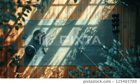 Top view of home workout space with dumbbells, barbell, yoga mat and water bottle. Natural light and wooden floor create calm atmosphere for training or stretching AI generated 125483789