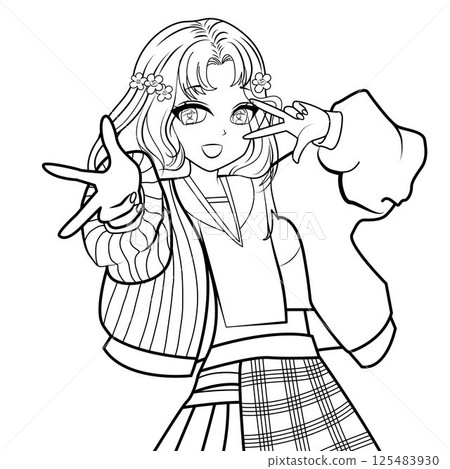 Coloring page with illustration of anime style girl with city background Coloring page with illustration of anime style girl with city background 125483930