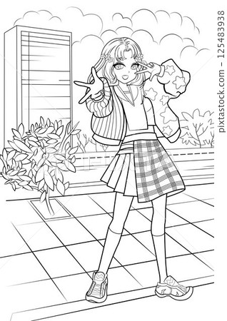 Coloring page with illustration of anime style girl with city background 125483938