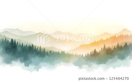 A watercolor landscape featuring a green mountain range encircled by trees, emphasizing the beauty of the natural world 125484270