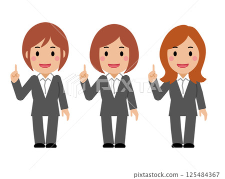 A smiling young woman in a gray suit doing the number one pose 125484367