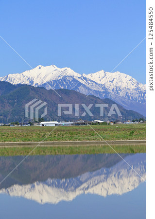 Spring from the foot of the mountain, the Northern Alps, behind Tateyama Mountain Range 125484550