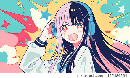 戴著耳機聽音樂的女孩 戴著耳機聽音樂的女孩 125484564