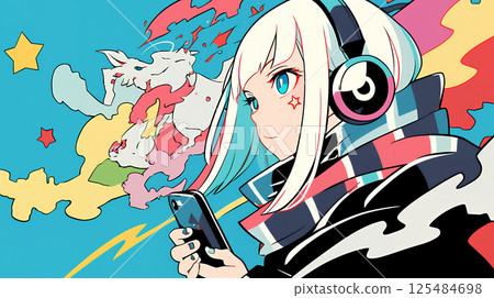 girl listening to music with headphones girl listening to music with headphones 125484698