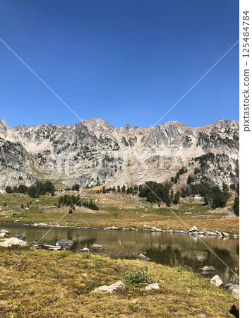 Scenic View of a Calm Lake and Majestic Rocky Mountains in Big Sky, Montana 125484784