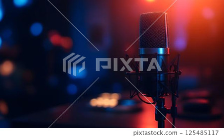 A microphone on a table in front of a couch, prepared for an engaging podcast session A microphone on a table in front of a couch, prepared for an engaging podcast session 125485117