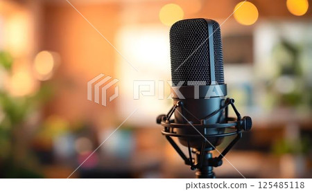 A podcast microphone on a table, accompanied by a comfortable couch in the scene 125485118