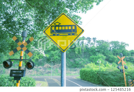綠色背景上的鐵路道口標誌和號誌 綠色背景上的鐵路道口標誌和號誌 125485216
