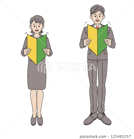 A man and a woman in suits holding up a beginner's mark A man and a woman in suits holding up a beginner's mark 125485257
