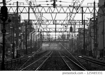 Monochrome shot taken from a railroad crossing near Settsu-Motoyama Station on r Monochrome shot taken from a railroad crossing near Settsu-Motoyama Station on r 125485331