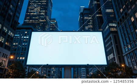 Blank Illuminated Billboard in Modern City at Night with Skyscrapers | Urban Advertising Mockup. 125485356