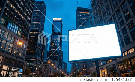 Blank Illuminated Billboard in Modern City at Night with Skyscrapers | Urban Advertising Mockup. 125485357