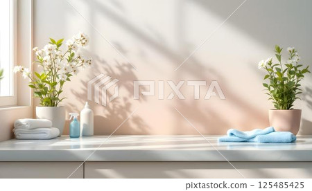 A bright pink bathroom showcasing a sink and vibrant flowers, symbolizing cleanliness and a well-kept house 125485425