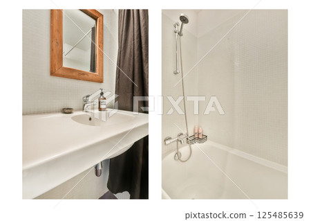 A clean and contemporary bathroom featuring a stylish sink, shower, and minimalist decor creating a relaxing atmosphere. 125485639