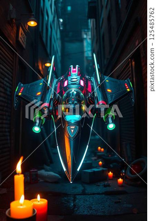 夜間城市上空的飛行物體 夜間城市上空的飛行物體 125485762