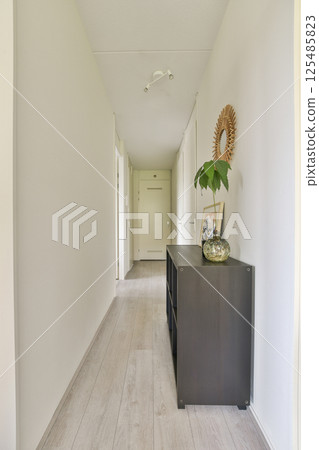 A stylish indoor hallway featuring wooden flooring and modern decor elements, creating a welcoming atmosphere with minimalistic design. A stylish indoor hallway featuring wooden flooring and modern decor elements, creating a welcoming atmosphere with minimalistic design. 125485823