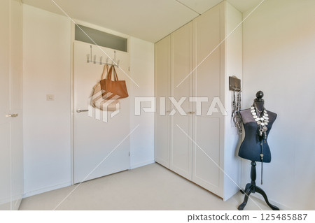 A chic interior closet featuring a sleek wardrobe, a minimalist door, and stylish accessories for an organized space. 125485887