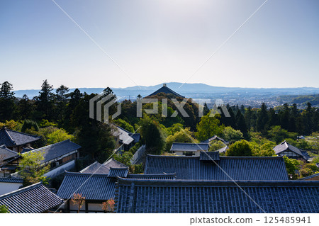 The grounds of Todaiji Temple and the city of Nara bathed in the soft spring sunlight. Mount Ikoma seen through the Great Buddha Hall. At Nigatsudo Hall. The grounds of Todaiji Temple and the city of Nara bathed in the soft spring sunlight. Mount Ikoma seen through the Great Buddha Hall. At Nigatsudo Hall. 125485941