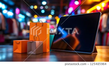 A tablet showing a blank screen, paired with shopping bags, showcasing online shopping and promotional sales 125485964