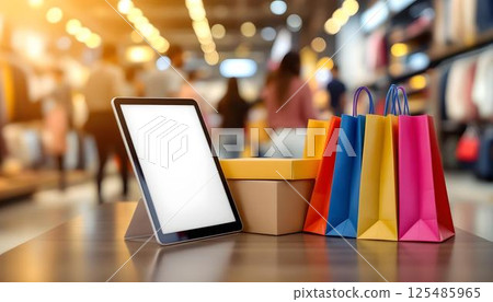A tablet with an empty screen alongside shopping bags, emphasizing the idea of online shopping and seasonal sale 125485965