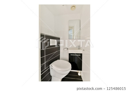 A sleek and modern bathroom featuring a compact design with black and white tiles, toilet, and a small sink, perfect for optimizing small spaces. 125486015