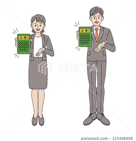 A man and a woman in suits holding a calculator A man and a woman in suits holding a calculator 125486098