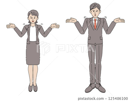 一位身穿西裝的男士和一位女士舉起雙手擺姿勢 125486100