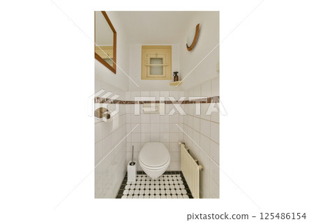 A sleek and modern bathroom featuring clean lines, a minimalist aesthetic with elegant tiles, and functional fixtures creating a serene atmosphere. 125486154