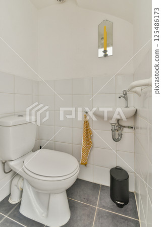A clean and minimalist bathroom featuring a white toilet, sink with faucet, and simple decor elements. Ideal for contemporary interior design inspiration. A clean and minimalist bathroom featuring a white toilet, sink with faucet, and simple decor elements. Ideal for contemporary interior design inspiration. 125486173