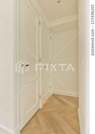 A sleek and minimalistic interior hallway featuring white doors and light wood flooring, creating a spacious and inviting atmosphere. A sleek and minimalistic interior hallway featuring white doors and light wood flooring, creating a spacious and inviting atmosphere. 125486205