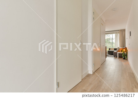 A spacious modern hallway featuring light wood flooring, minimalist design, and natural light streaming through large windows, creating an inviting atmosphere. 125486217