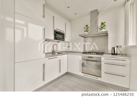 A sleek and contemporary kitchen featuring white cabinetry, stainless steel appliances, and green plants for a refreshing touch. A sleek and contemporary kitchen featuring white cabinetry, stainless steel appliances, and green plants for a refreshing touch. 125486250