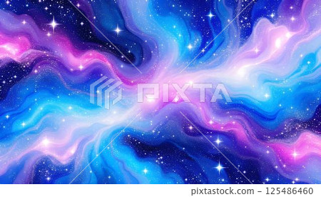 A vibrant abstract fluid galaxy background filled with twinkling stars in various colors 125486460