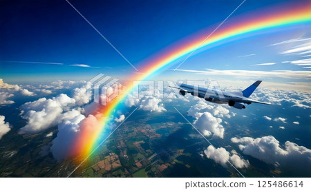 3DCG illustration of an airplane flying high in a refreshing blue sky with a rainbow 125486614