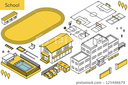 A set of simple line isometric illustrations for school buildings, playgrounds, and sports facilities A set of simple line isometric illustrations for school buildings, playgrounds, and sports facilities 125486679
