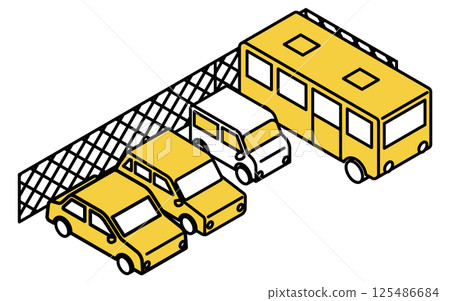 Simple line drawing isometric illustration of a fenced parking lot and buses and cars (sedans and light wagons) 125486684