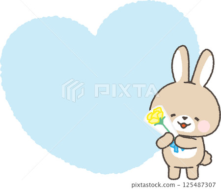 Brown rabbit holding a bouquet of yellow roses and a heart frame 125487307