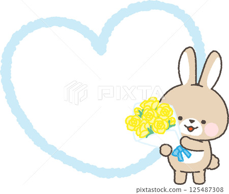 Brown rabbit holding a bouquet of yellow roses and a heart frame 125487308