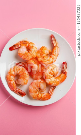 Grilled shrimp fried on white plate for cooking dinner story background 125487323