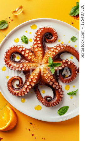 Octopus grilled seafood on white plate for dinner story background 125487326